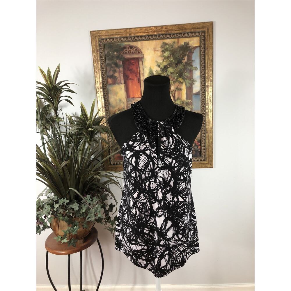 Cato Women’s Sleeveless‎ Beaded Neck Top Medium Black White Abstract Print